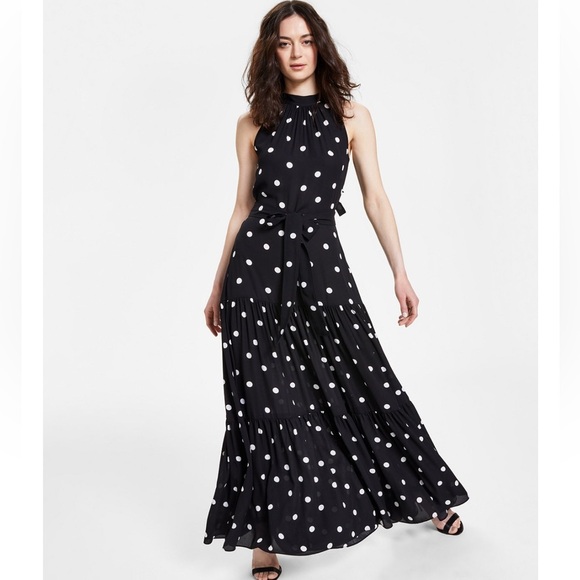 Anne Klein Polka Dot Mock-Neck Sleeveless Maxi Dress in Black/White Size: 12 EUC - Picture 1 of 9